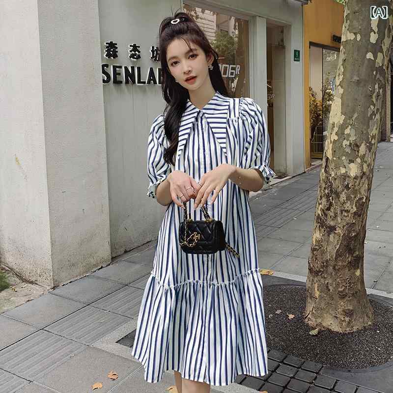 ワンピース レディース 夏 半袖 フレアスリーブ 縦ストライプ柄 若見え 清楚感 上品 フェミニン シャツワンピース Aライン ロング丈 きれいめ カジュアル ポリエステル ネイビー グリーン