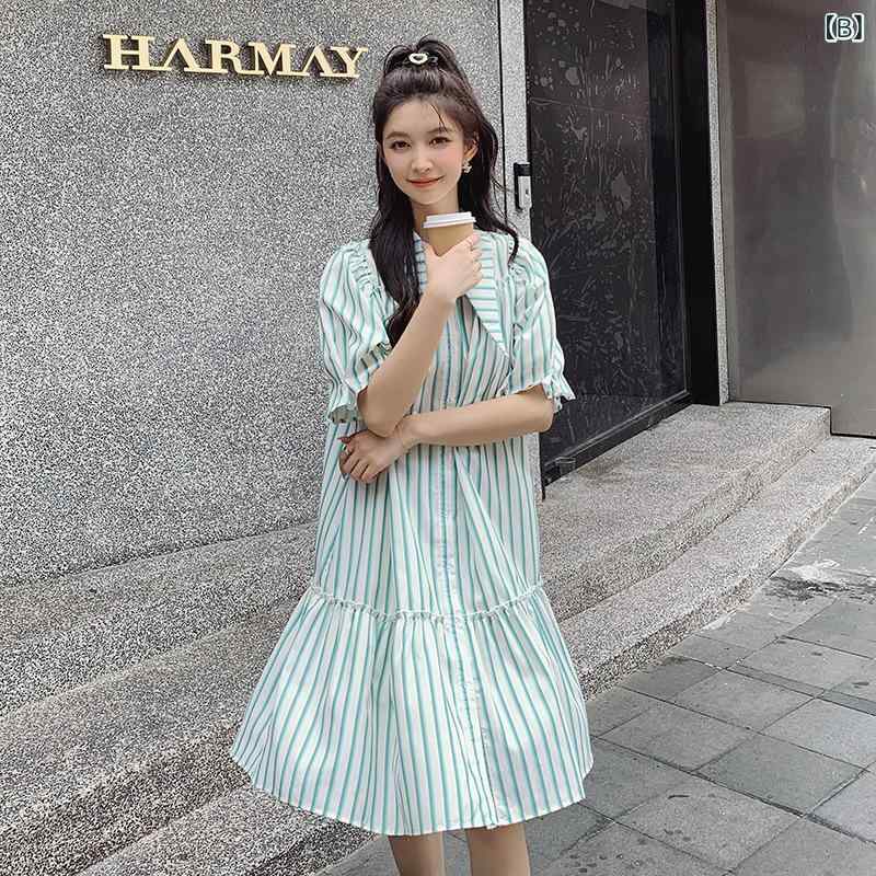 ワンピース レディース 夏 半袖 フレアスリーブ 縦ストライプ柄 若見え 清楚感 上品 フェミニン シャツワンピース Aライン ロング丈 きれいめ カジュアル ポリエステル ネイビー グリーン