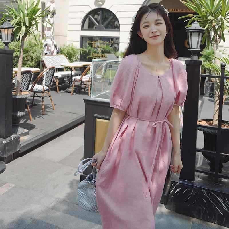 ワンピース レディース ピンク パフスリーブ 半袖 夏 ポリエステル ラウンドネック ミモレ丈 ウエストマーク 細見え フレンチ スウィート ロマンチック エレガント 通勤