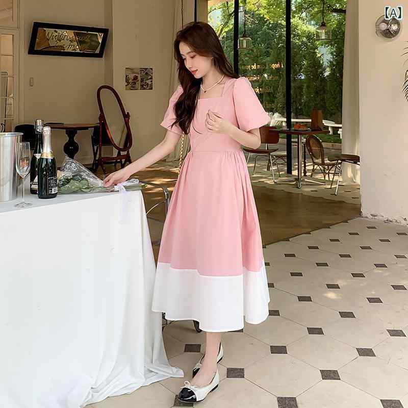 ワンピース レディース ピンク スイート フェミニン フレンチデザイン 個性派 上品 着痩せ効果 パフスリーブ 初恋 ロング丈 春夏 ポリエステル シフォン Aライン スクエアネック 半袖 ハイウエスト 切り替え 無地