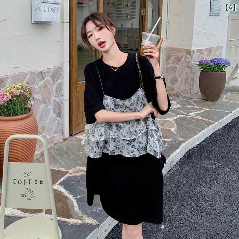 ワンピース レディース 花柄 切り替え フェイクツーピース 重ね着風 カジュアル スイート 小柄 低身長 ミモレ丈 Aライン ラウンドネック 五分袖 ハイウエスト ポリエステル ブラック 春夏