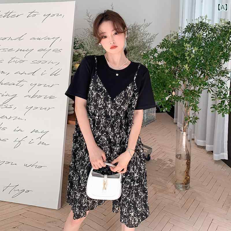 ワンピース レディース ブラック ドッキングワンピース 小花柄 キャミソール 半袖 ラウンドネック ミディ丈 ハイウエスト ポリエステル素材 ゆったり フレンチスタイル エレガント 体型カバー 春夏