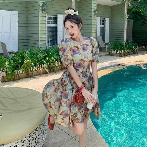 ワンピース レディース 夏 ドーパミンカラー 小花柄 低身長向け パフスリーブ ウエストマーク 細見え ミディ丈 ラウンドネック ハイウエスト ポリエステル フェミニン お出かけ ワンピース レディース 夏 ドーパミンカラー 小花柄 低身長向け パフスリーブ ウエストマーク 細見え ミディ丈 ラウンドネック ハイウエスト ポリエステル フェミニン お出かけ