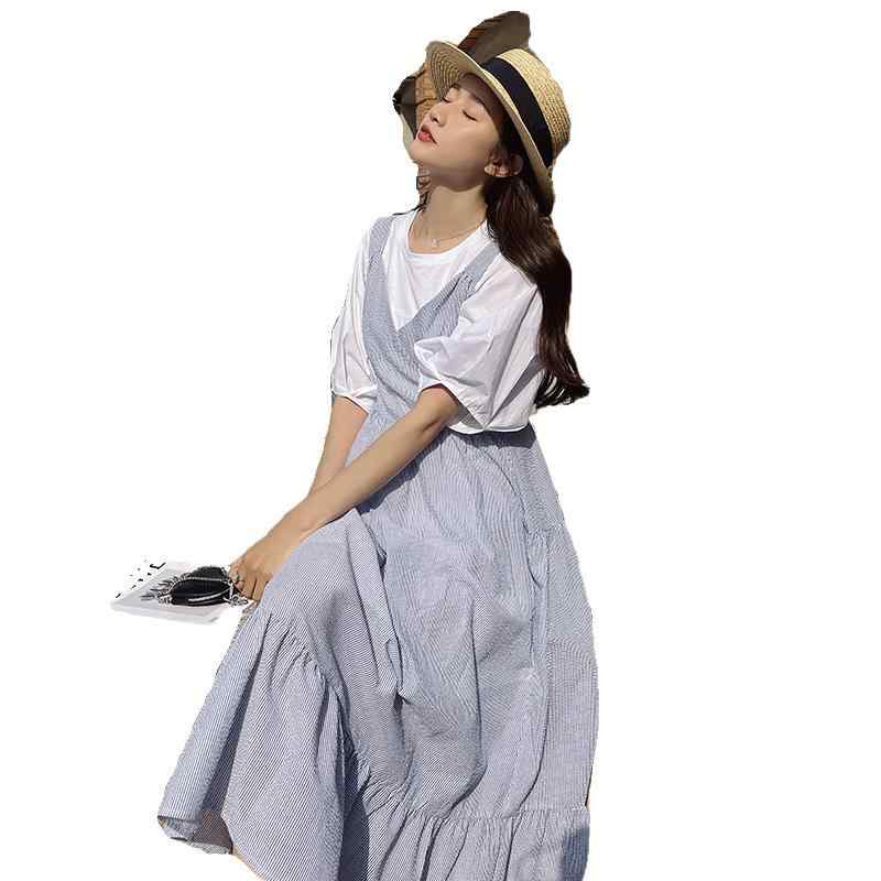 ワンピース レディース セットアップ ブルー パフスリーブ トップス サロペットワンピース フレンチ スウィート ガーリー ラウンドネック Aライン ミモレ丈 ハイウエスト ポリエステル 春夏