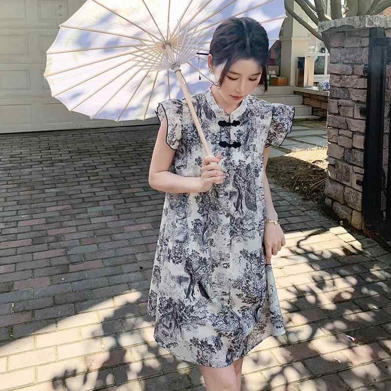 ワンピース レディース チャイナドレス 半袖 水墨画 プリント エレガント ミモレ丈 Aライン スタンドカラー フリル袖 ポリエステル 春夏 レトロ
