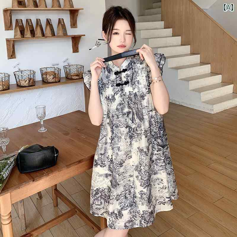 ワンピース レディース チャイナドレス 半袖 水墨画 プリント エレガント ミモレ丈 Aライン スタンドカラー フリル袖 ポリエステル 春夏 レトロ
