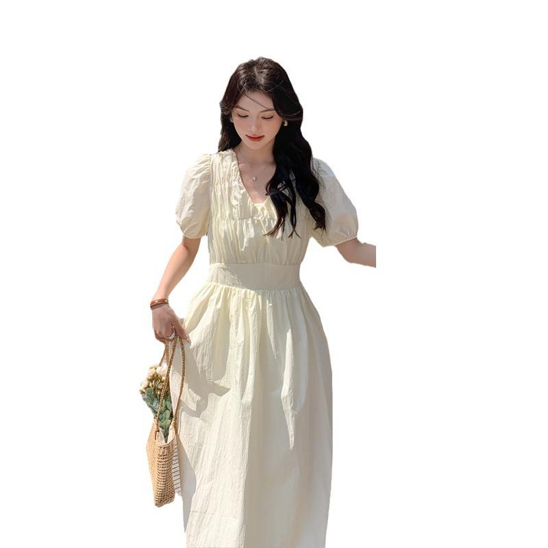 ワンピース レディース Vネック パフスリーブ 半袖 イエロー オフホワイト 春夏 ウエストシェイプ スタイルアップ Aライン ロング丈 ハイウエスト きれいめ エレガント フレンチスタイル 通勤 オフィス ポリエステル