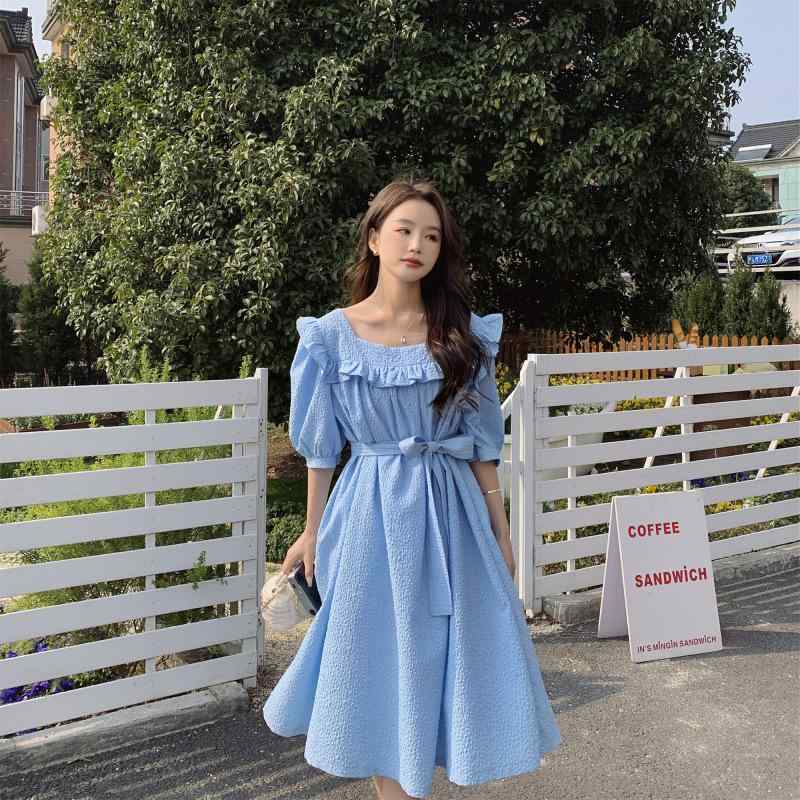 ワンピース レディース フリル パフスリーブ 小柄 低身長 若見え ミディ丈 Aライン スクエアネック ハイウエスト 五分袖 エレガント スイート フレンチスタイル ポリエステル 春夏