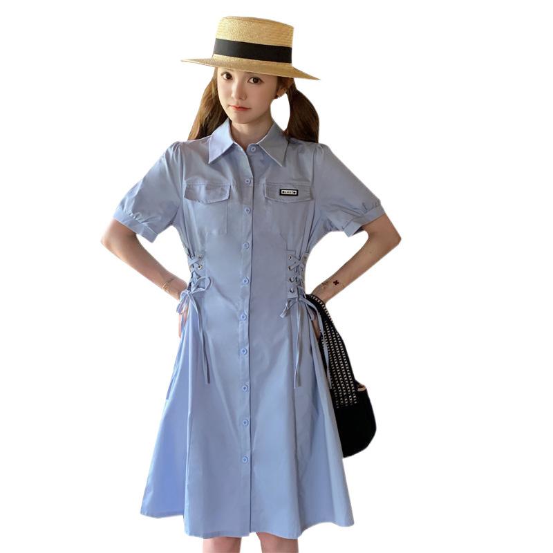 ワンピース レディース 夏 低身長 スクール風 ポロシャツ 半袖 ハイウエスト ウエストマーク 細見え A..