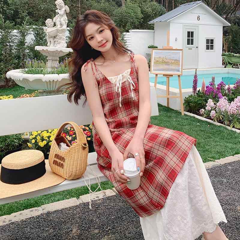 ワンピース レディース 韓国風 チェック柄 切り替え キャミソールワンピース ノースリーブ Aライン ハイウエスト 細見え 若見え 夏 サマー リゾート カジュアル ポリエステル スウィート