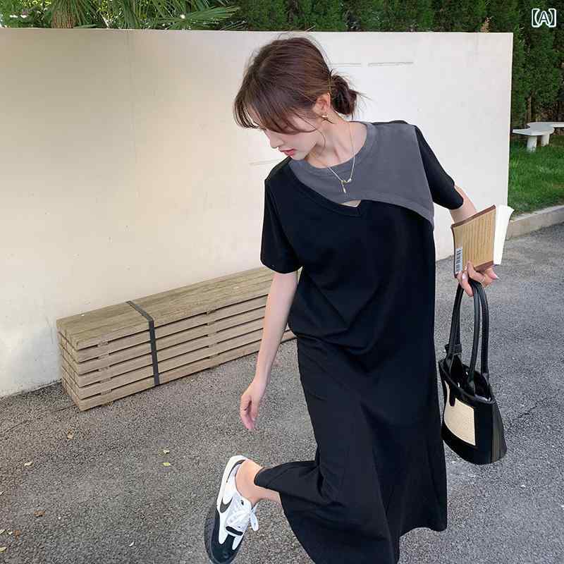 ワンピース レディース Tシャツワンピース カットアウト デザイン フレンチカジュアル ロング丈 半袖 クルーネック 体型カバー ポリエステル 無地 春夏 普段使い カジュアルスタイル グレー ブラック