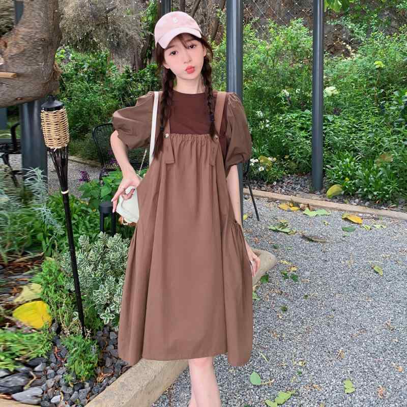 ワンピース レディース サロペットスカート セットアップ パフスリーブ 半袖 2点セット ゆったり 細見え効果 小柄向け フレンチスタイル ミディ丈 ポリエステル 夏 クルーネック カジュアル