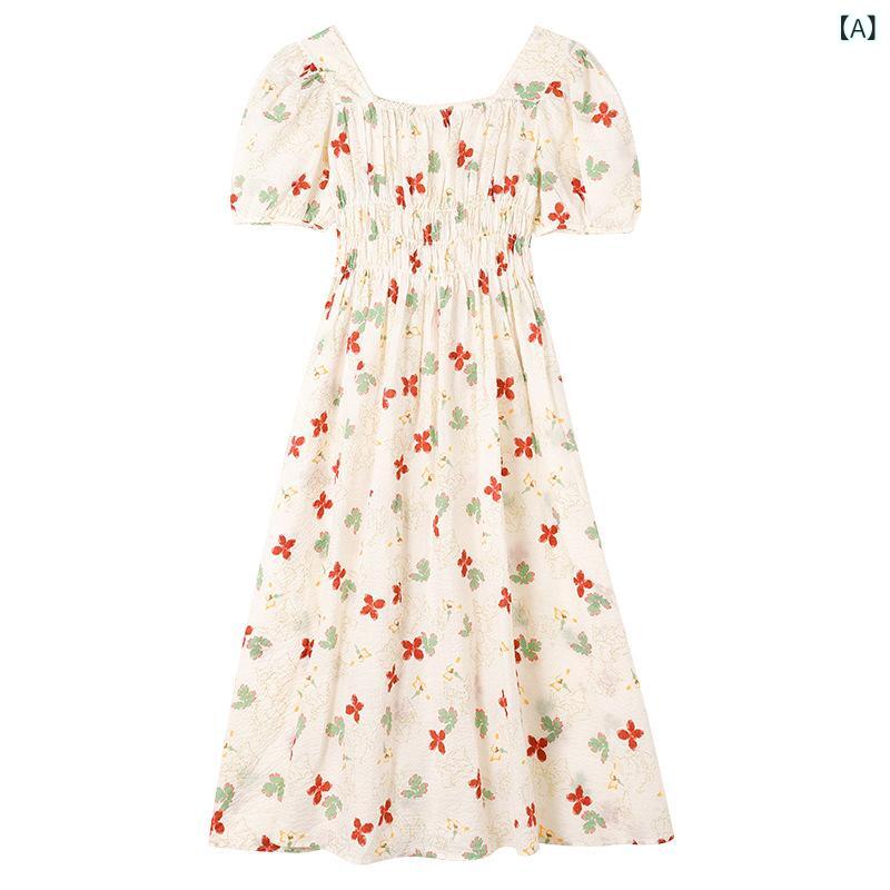 ワンピース レディース 春夏 スタイルアップ 低身長向け フレンチガーリー フェミニン パフスリーブ スクエアネック 小花柄 エレガント ポリエステル ミディ丈 お出かけ デート カジュアル