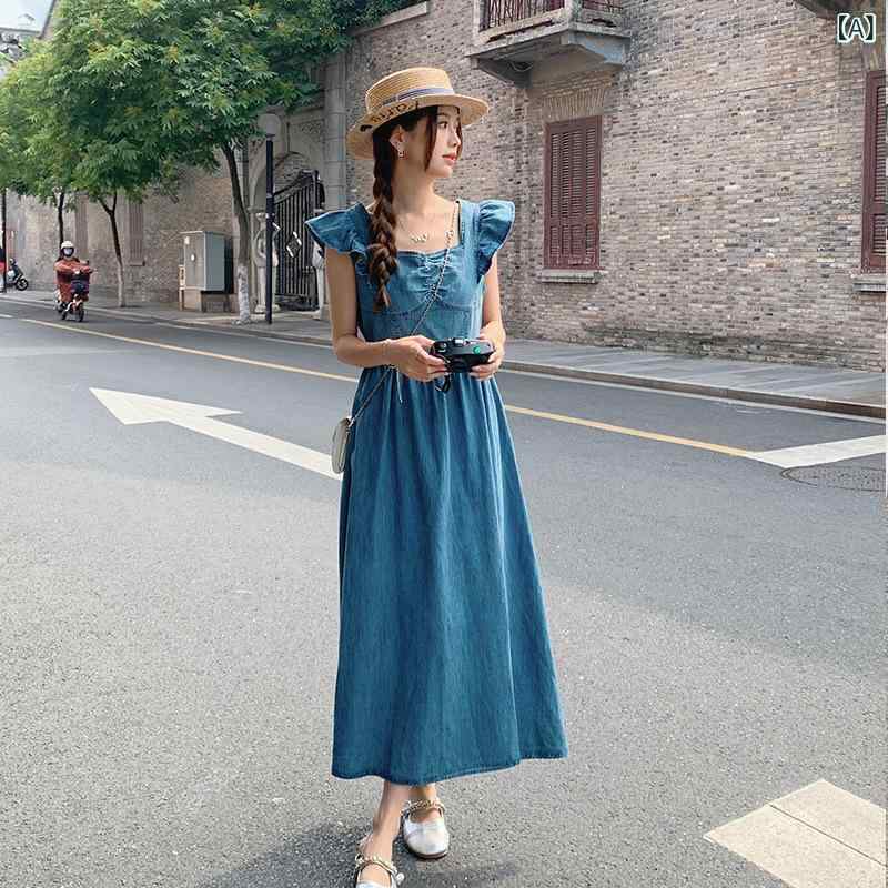 デニムワンピース 韓国風 カジュアル フリル袖 半袖 ハイウエスト リボンベルト スクエアネック Aライン ミモレ丈 ギャザー 切り替え 着痩せ スタイルアップ 若見え 着回し コットン 春夏