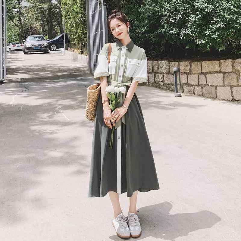 シャツワンピース レディース フレンチスタイル シフォン 切り替え デザイン 個性的 上品 エレガント ロング 半袖 ポロ襟 Aライン ポリエステル ミモレ丈 デイリーユース 夏 きれいめカジュアル グリーン