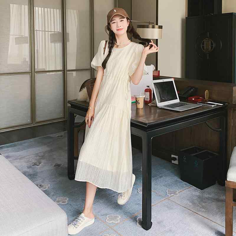ワンピース レディース 春夏 フレンチエレガント 上品 半袖 パフスリーブ ロング丈 Aライン テクスチャー素材 ティータイム お出かけ ロマンティック フェミニン ポリエステル オフホワイト チュール
