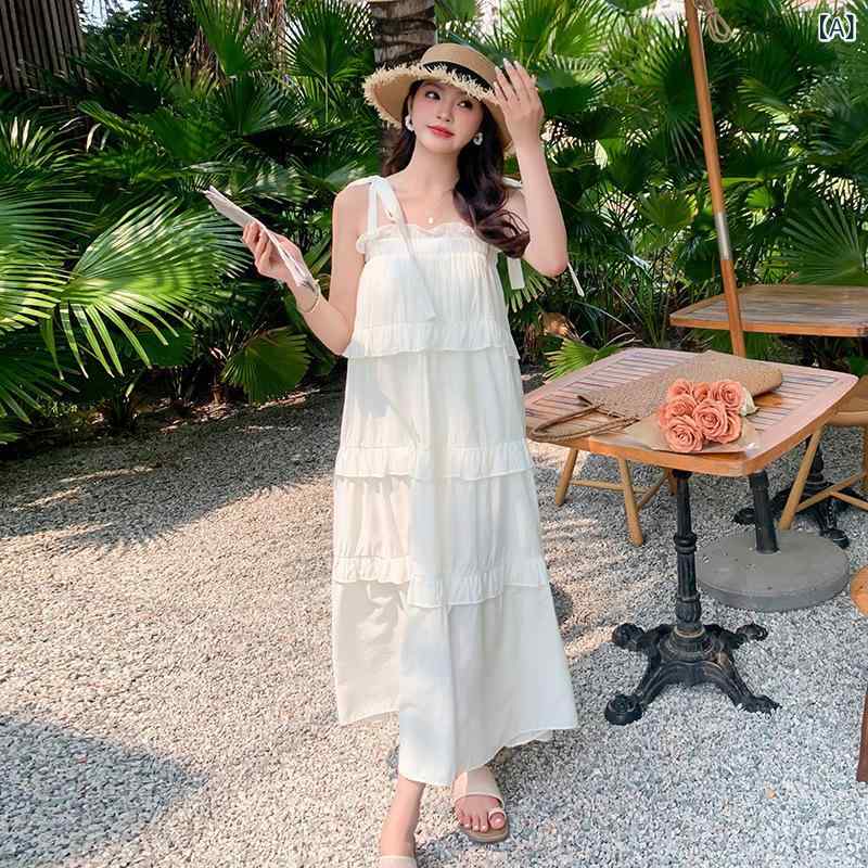 ワンピース レディース 春夏 フレンチ レトロ フリル キャミソール ノースリーブ ウエストリボン 切り替え ティアード ロング丈 フレア Aライン ポリエステル 無地 フェミニン 大人かわいい 普段使い お出かけ デート ホワイト