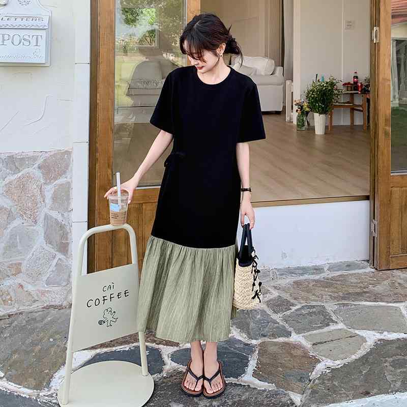ワンピース レディース Tシャツワンピース ミモレ丈 半袖 ラウンドネック ハイウエスト 切り替え ブラック 夏 フェミニン カジュアル ポリエステル おしゃれ 着痩せ デザイン