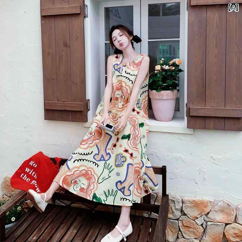 ワンピース レディース 女性用 カラフル グラフィティ ドーパミンカラー アート調 デザイン ノースリーブ タンクトップ Aライン ロング丈 クルーネック ポリエステル 春夏