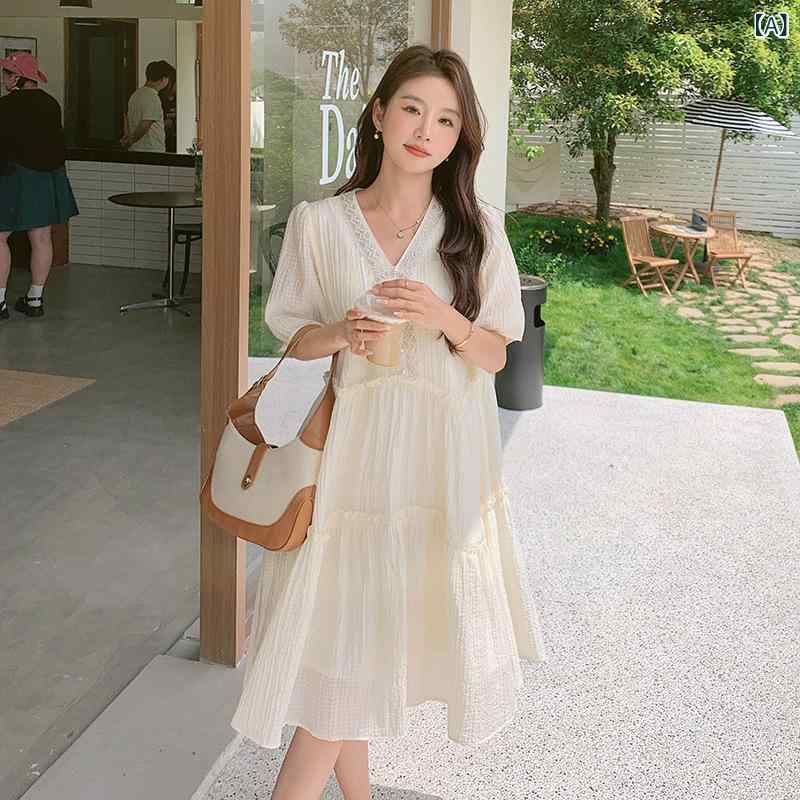 ワンピース レディース ホワイト Vネック Aラインドレス 小柄 低身長 ぽっちゃり 体型カバー 着痩せ ゆったり 半袖 お腹隠し ミモレ丈 ハイウエスト ポリエステル 春夏