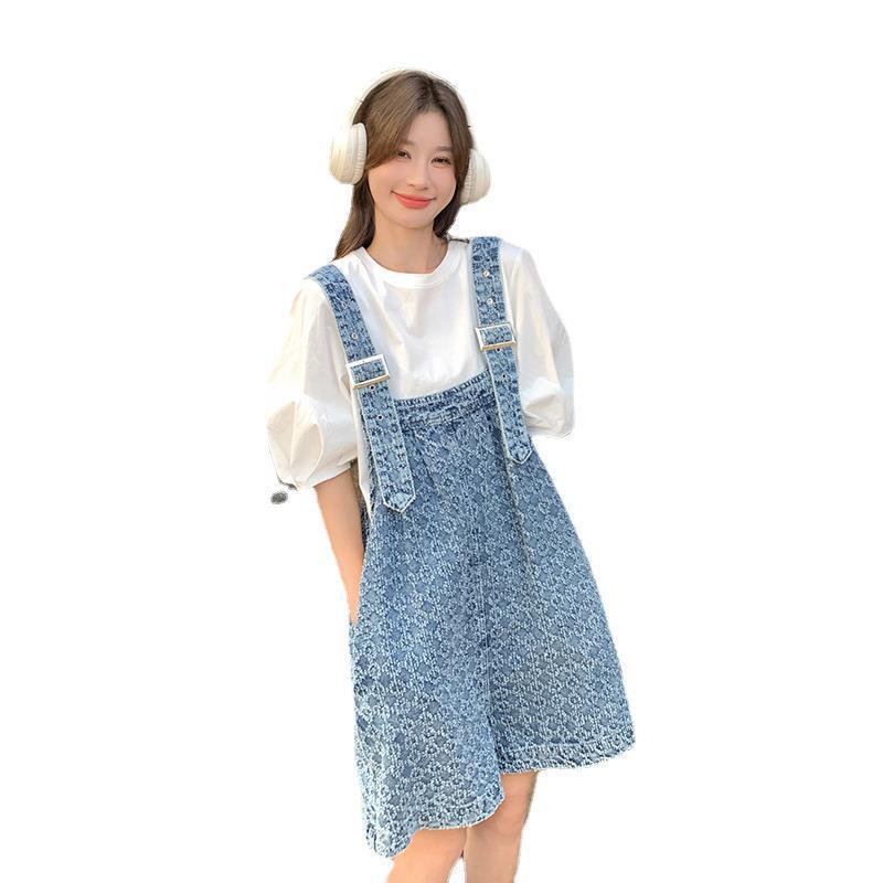 デニムサロペット レディース 韓国風 カジュアル 若見え スクール風 プリント ワイドシルエット ショート丈 低身長向け 薄手 ミドルウエスト 春夏 ライトブルー