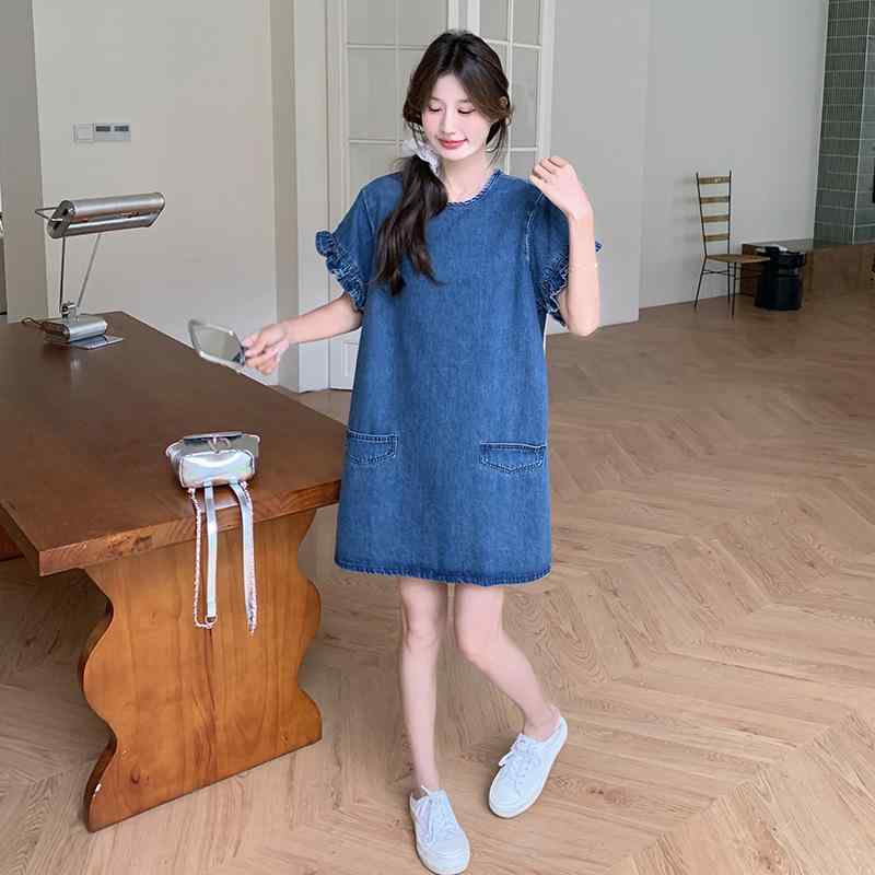 ワンピース レディース レトロ デニム ウォッシュドブルー フリル袖 切り替え 半袖 ラウンドネック 小..