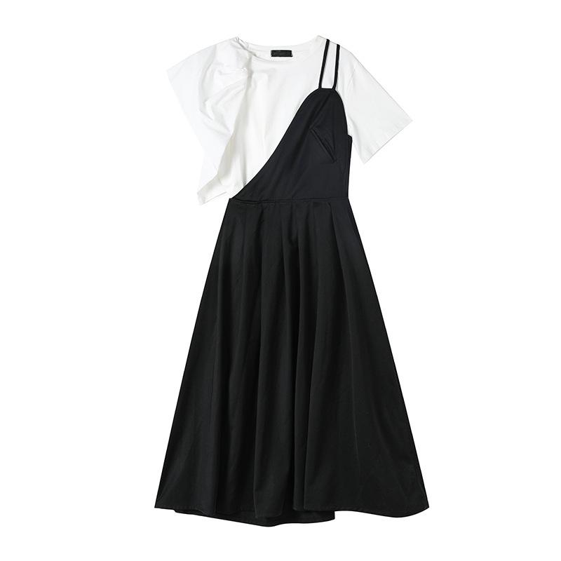 ワンピース レディース ツーピース セットアップ フレンチスタイル 韓国風 きれいめ 上品 エレガント 半袖 Aライン 体型カバー 切り替え ポリエステル 春夏 無地 通勤 オフィス カジュアル