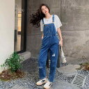 サロペット レディース デニム 夏物 綿素材 ハイウエスト ワイドシルエット クロップド丈 ダメージ加工 ワーク カジュアル きれいめ Tシャツセット ブルー