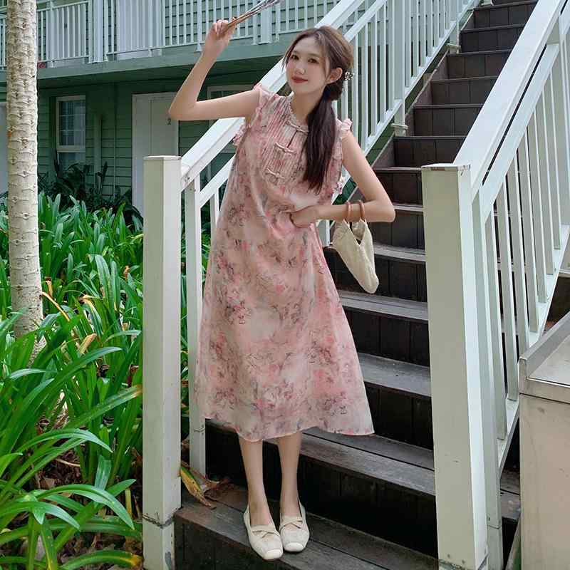 ワンピース レディース 新チャイナ風 小花柄 フリル袖 フレンチスタイル ウエストマーク 細見え 上品 ロング丈 半袖 ラウンドネック ハイウエスト レトロ ポリエステル くすみピンク 夏