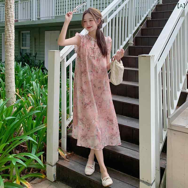 ワンピース レディース 新チャイナ風 小花柄 フリル袖 フレンチスタイル ウエストマーク 細見え 上品 ロング丈 半袖 ラウンドネック ハイウエスト レトロ ポリエステル くすみピンク 夏