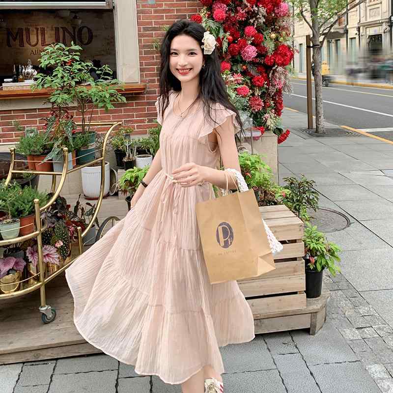 ワンピース レディース 半袖 フリル袖 ヌードピンク ハイウエスト Aライン ミディ丈 ラウンドネック 清楚 スウィート フェミニン 若見え 上品 夏 ポリエステル 無地