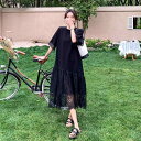 ワンピース レディース Tシャツワンピース 半袖 夏 ドロップショルダー ラウンドネック ブラック レース 切り替え フェイクツーピース ゆったり ロング丈 ポリエステル エレガント 清楚