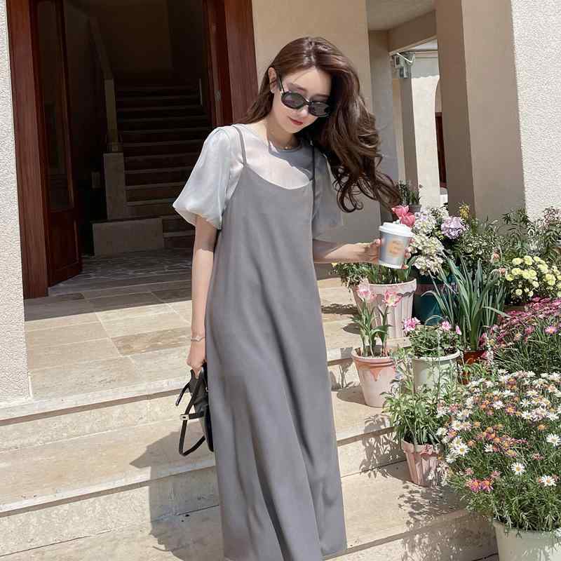 ワンピース レディース 春夏 2点セット 韓国風 シック 高級感 パフスリーブトップス キャミソールワンピース ポリエステル素材 エレガント 大人カジュアル