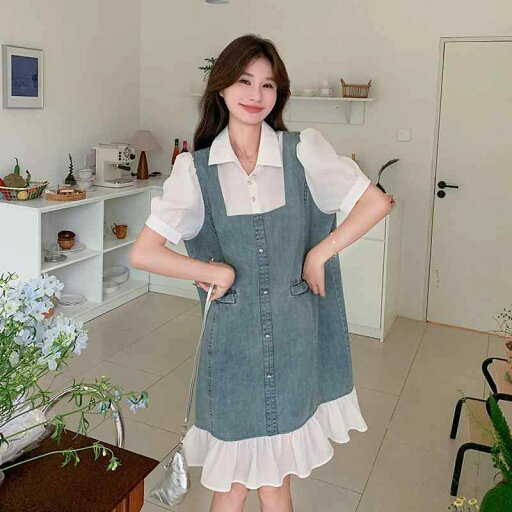 ワンピース フェイクレイヤード デニム 切り替え シャツ 半袖 パフスリーブ ミディ丈 韓国風 メロウフリル シャツ襟 ポリエステル 無地 ゆったり カジュアル フェミニン 春夏 ワンピース フェイクレイヤード デニム 切り替え シャツ 半袖 パフスリーブ ミディ丈 韓国風 メロウフリル シャツ襟 ポリエステル 無地 ゆったり カジュアル フェミニン 春夏