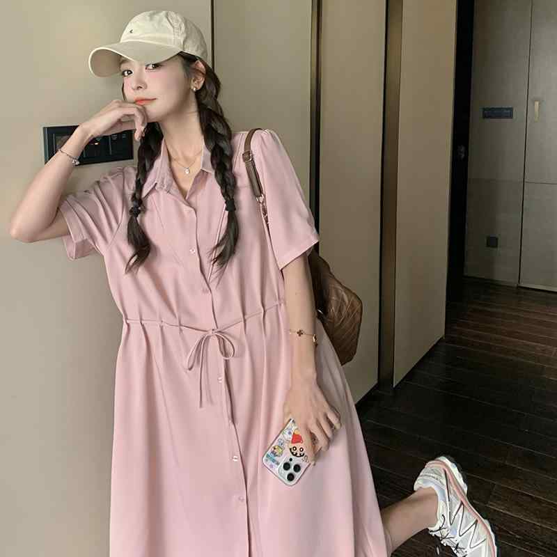 ワンピース レディース シャツワンピース 春夏 半袖 ロング丈 Aライン フレンチ レトロ ヴィンテージ風 細見え 着痩せ ウエストマーク ドローストリング 小柄向け シャツ襟 きれいめ エレガント 通勤 オフィス カジュアル ポリエステル ピンク