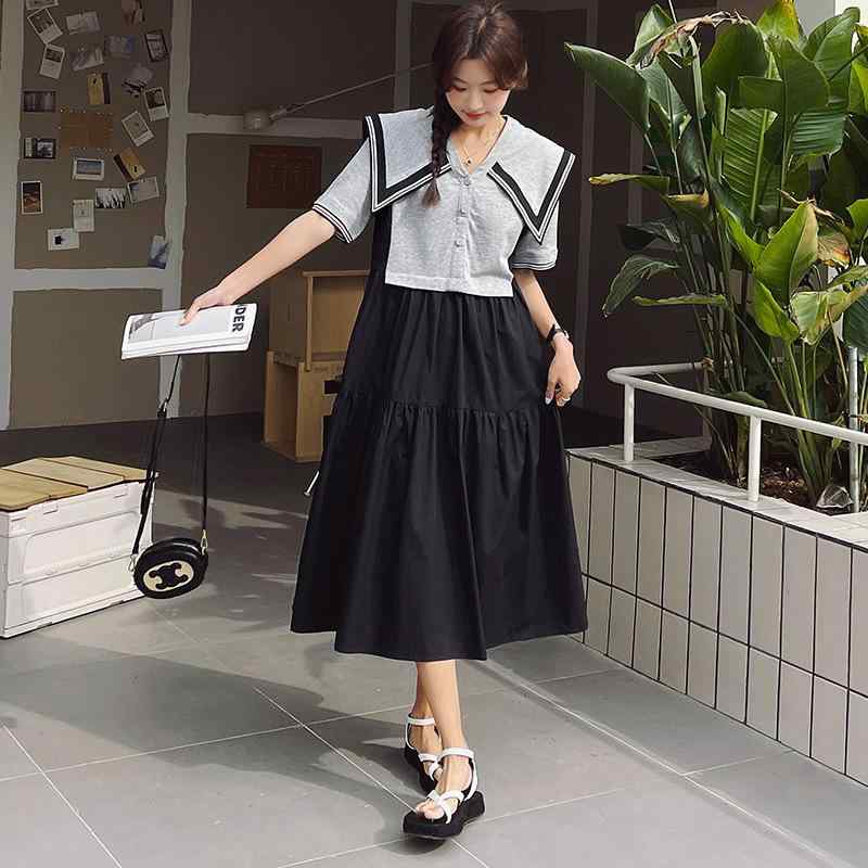 ワンピース レディース ブラック 切り替えデザイン セーラーカラー 半袖 ゆったり Aライン ロング丈 細..