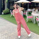 デニムパンツ レディース ピンク サロペット オーバーオール ゆったり ルーズフィット ワイド ストレート ロング丈 着痩せ 細見え 小柄さん カジュアル 春夏