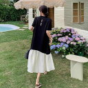 ワンピース レディース ブラック 切り替え フレンチ フリル マーメイド Tシャツワンピース 体型カバー 細見え 春夏 ポリエステル 通勤 オフィス エレガント ミモレ丈 半袖 クルーネック ハイウエスト