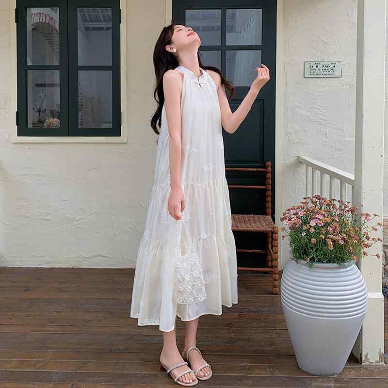 ワンピース レディース ホルターネック ノースリーブ ロング丈 ポリエステル 刺繍 Aライン ホワイト 春夏 フレンチスタイル エレガント 上品 きれいめ ゆったり オフィス 通勤