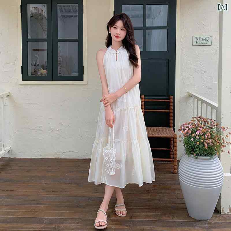 ワンピース レディース ホルターネック ノースリーブ ロング丈 ポリエステル 刺繍 Aライン ホワイト 春夏 フレンチスタイル エレガント 上品 きれいめ ゆったり オフィス 通勤
