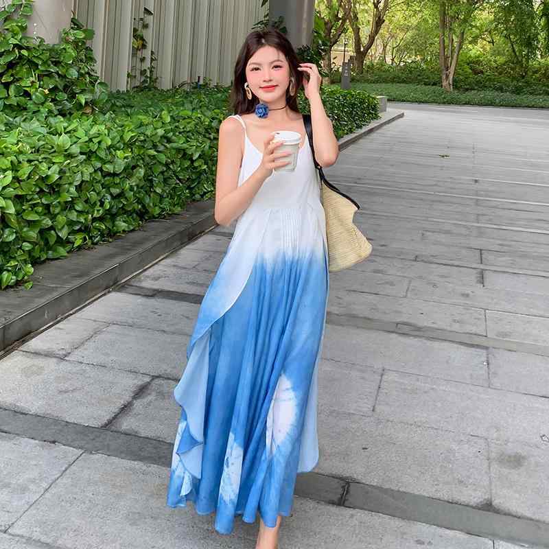 ワンピース 絞り染め キャミソール ロング丈 リゾートスタイル フレンチテイスト 上品 ウエストマーク ..