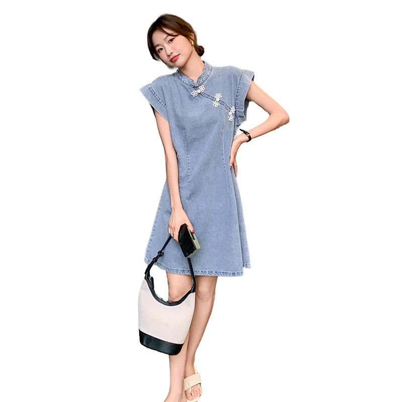 ワンピース レディース ブルー デニム 新中国風 チャイナドレス 改良型 レトロ ミディ丈 低身長向け スタンドカラー フリル袖 半袖 ハイウエスト 春夏