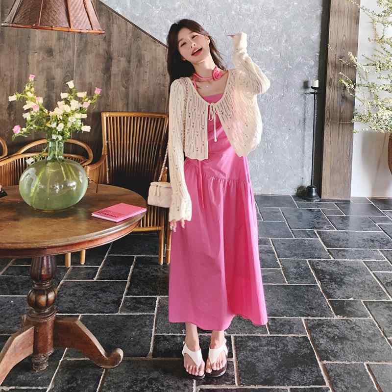 ワンピース レディース 透かし編み ニットカーディガン キャミソールワンピース 2点セット UVカット 日..