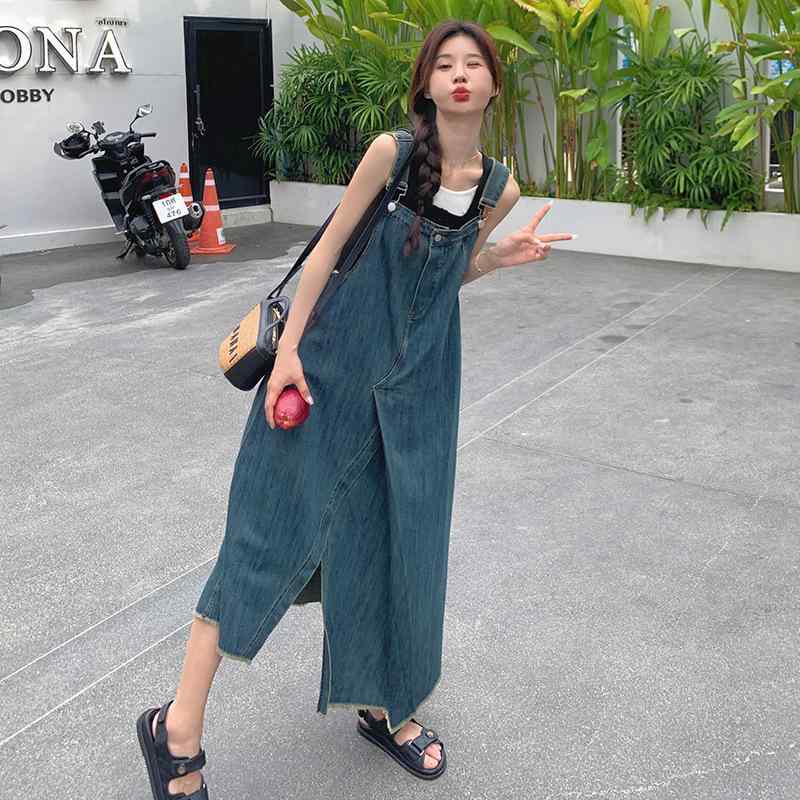 ワンピース レディース デニム サロペット フリンジ 切り替え スリット 若見え スクールスタイル デザイン Aライン ハイウエスト ノースリーブ 夏物