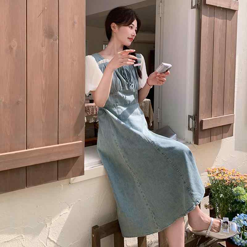 ワンピース レディース フェイクレイヤード デニム 切り替え フレアAライン 薄手 半袖 パフスリーブ 小..