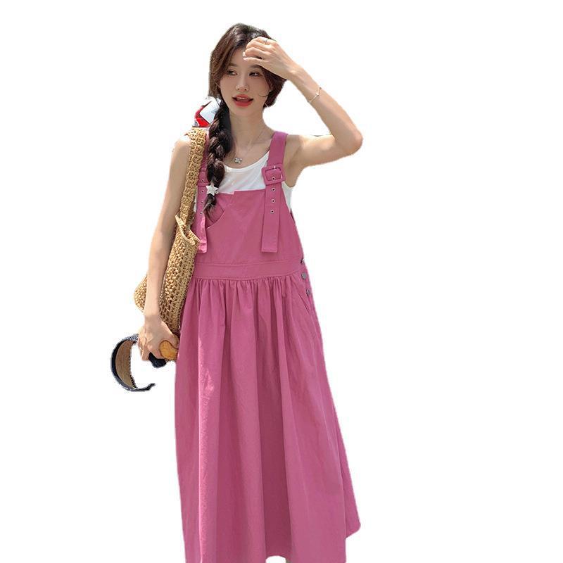 サロペットスカート レディース ラズベリーピンク 韓国風 ゆったり ロング丈 Aライン ハイウエスト ノースリーブ 若見え スクール風 通勤 上品 春夏