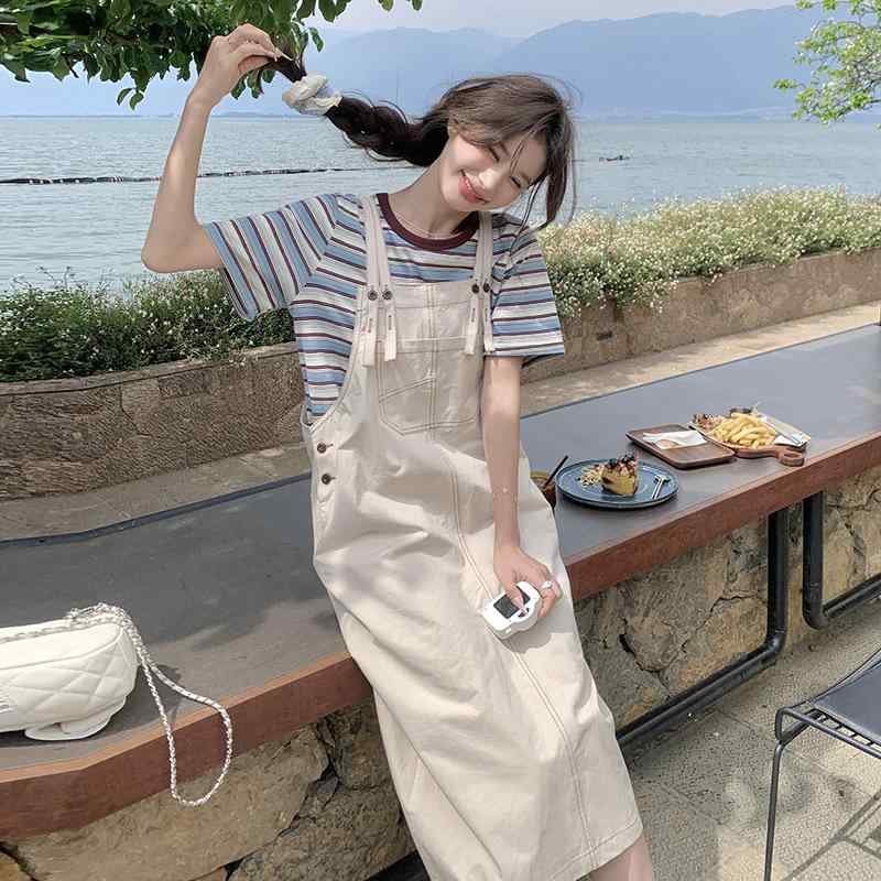 ワンピース レディース オフホワイト サロペット オーバーオール 韓国風 ゆったり ストレート ミディ丈 半袖 クルーネック ハイウエスト Aライン ポリエステル ツーピース セットアップ 春夏 フェミニン カジュアル