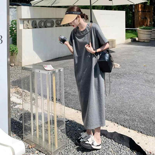 ワンピース レディース 韓国風 ゆったり カジュアル フェイクレイヤード グレー オフショルダー Tシャツ ロング丈 半袖 クルーネック 夏 ポリエステル ワンピース レディース 韓国風 ゆったり カジュアル フェイクレイヤード グレー オフショルダー Tシャツ ロング丈 半袖 クルーネック 夏 ポリエステル