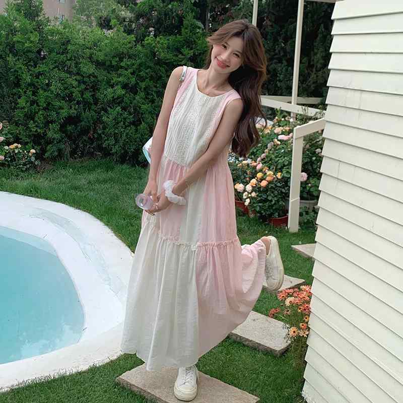 ワンピース レディース ピンク バイカラー 切り替え 刺繍 ゆったり ロング丈 ノースリーブ ハイウエスト Aライン リゾート フェミニン 夏 ポリエステル