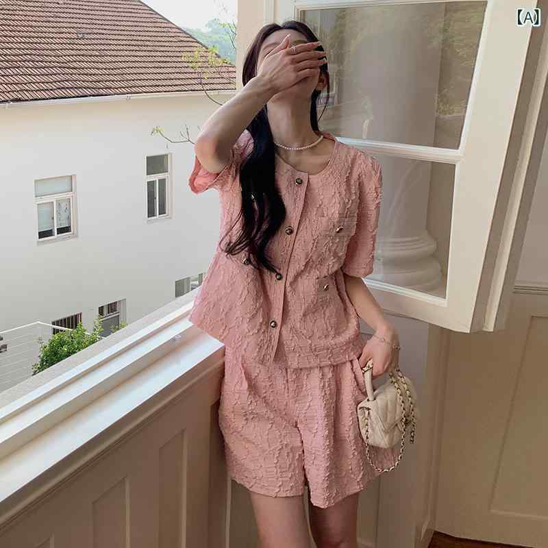 カジュアルセットアップ レディース ピンク ジャカード織り 質感 上品 エレガントスタイル ショートパンツ 半袖 2点セット 夏 普段使い お出かけ